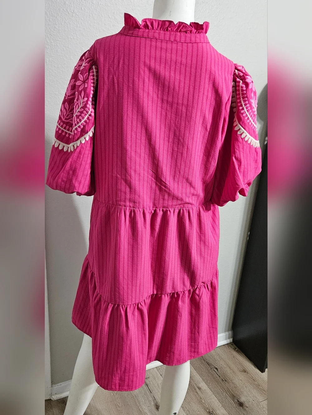 THML Embroidered detail frill V neck puff sleeve Tiered Dress size XL - Picture 12 of 14